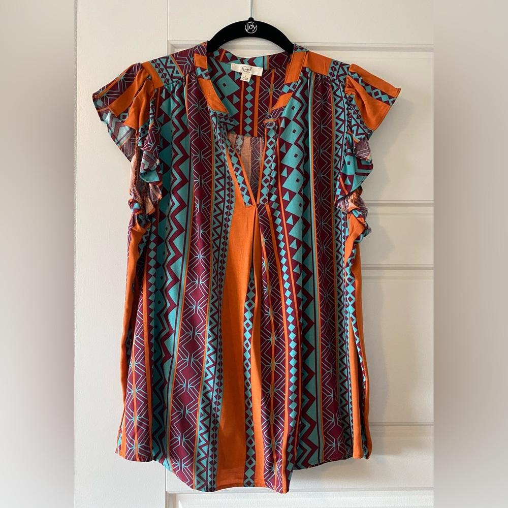 Easel Orange/Turquoise/Maroon Top Size L